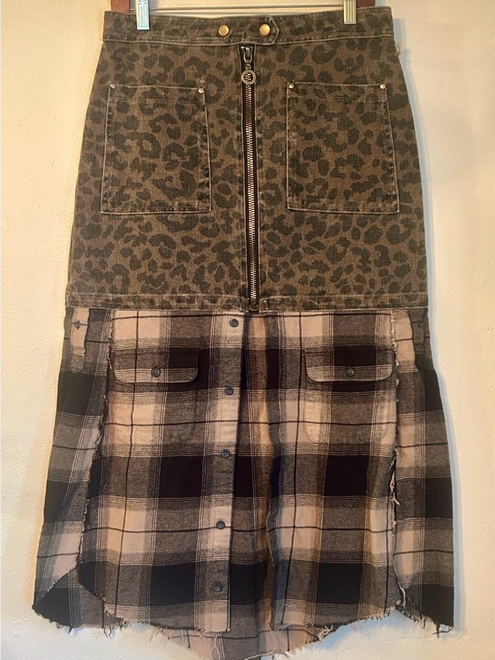 Upcycled leopard print zip up flannel button down shirt skirt